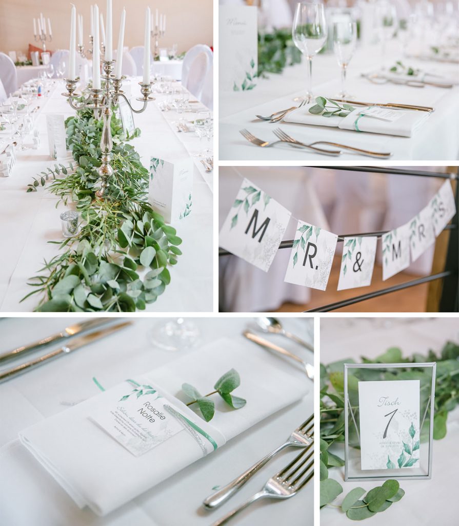 Hochzeitsdekoration auf Gut Kump in grün weiß